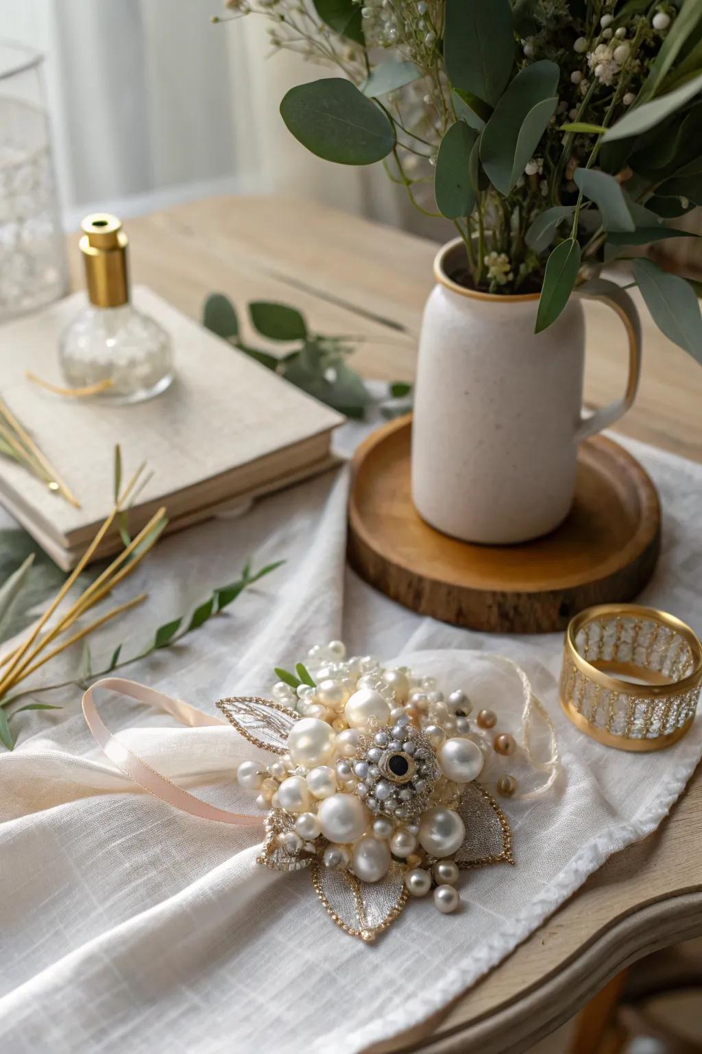 Add some sparkle with a beaded corsage, for a touch of glam.