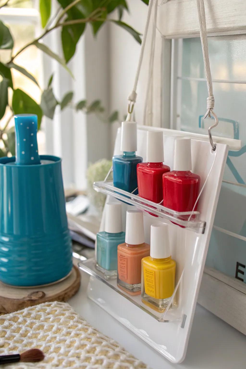 Utilize vertical space with a hanging organizer that keeps your colors within arm's reach. #SpaceSaving #OrganizedLiving
