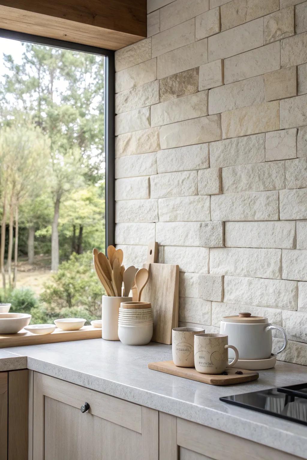 Limestone ledger tiles introduce a peaceful and elegant touch to any kitchen setting.