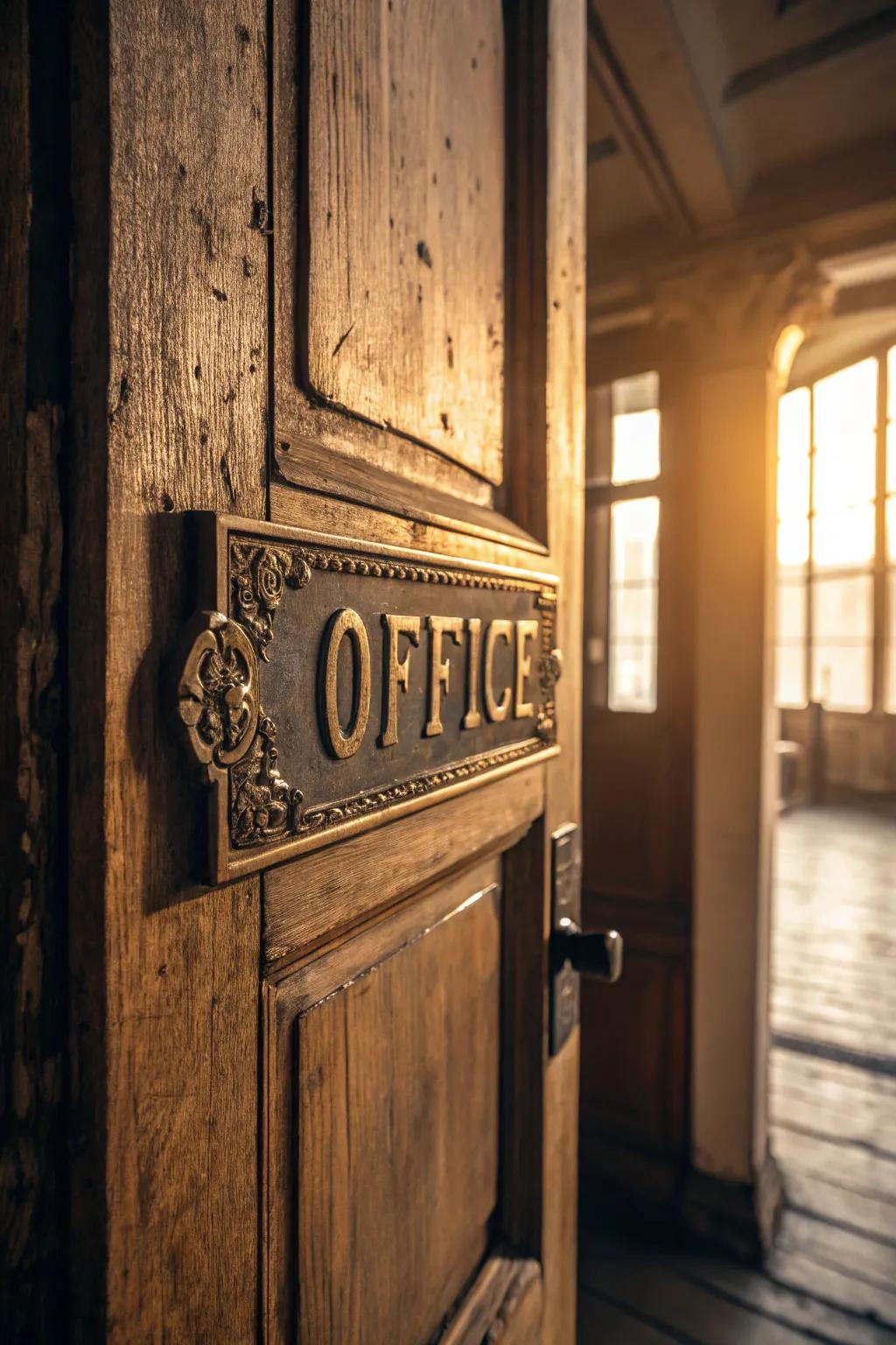 Step back in time with vintage plaques that add classic charm to your office entrance.