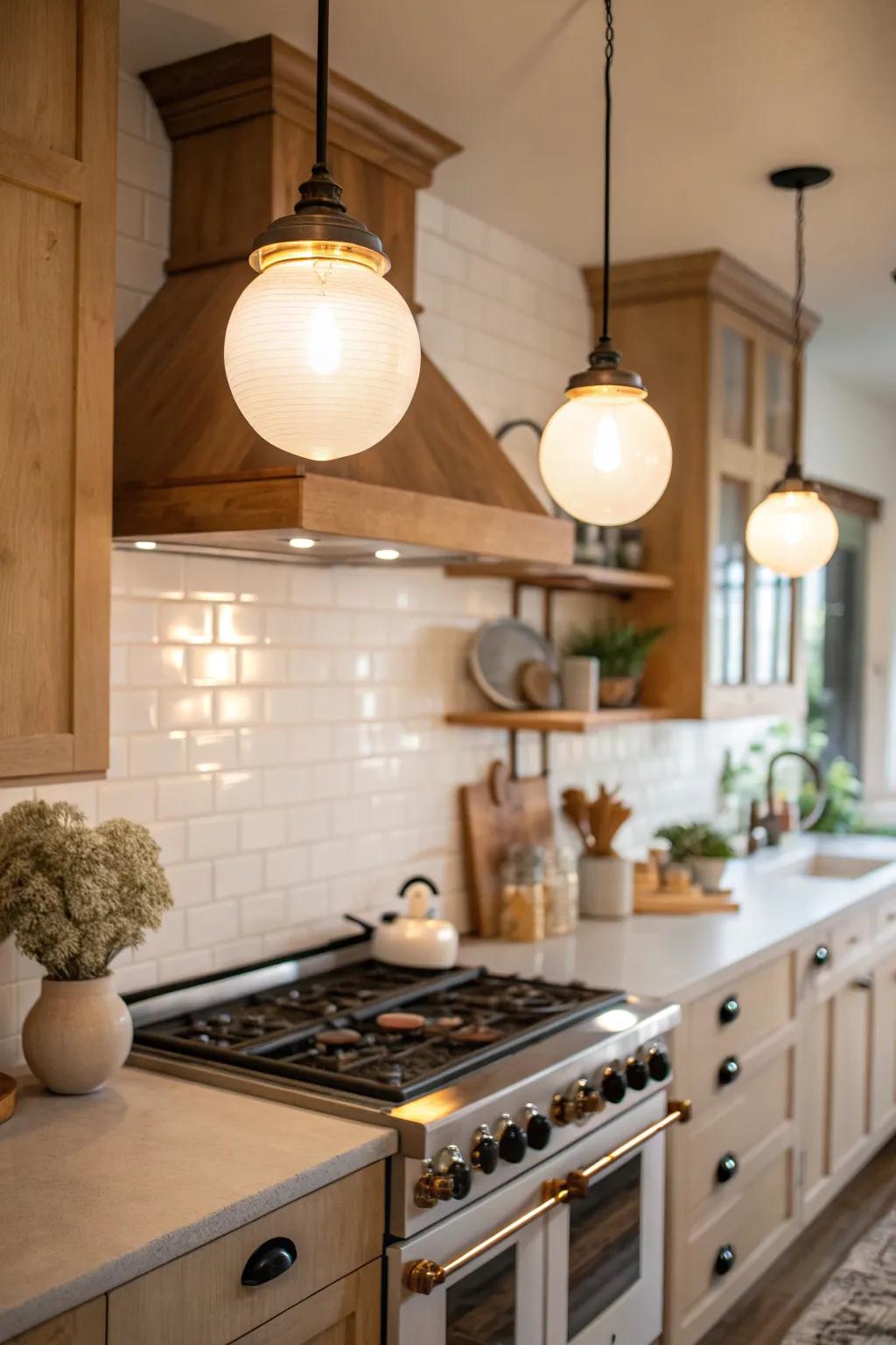 Illuminate your kitchen with globe light fixtures that offer a trendy and even distribution of light.