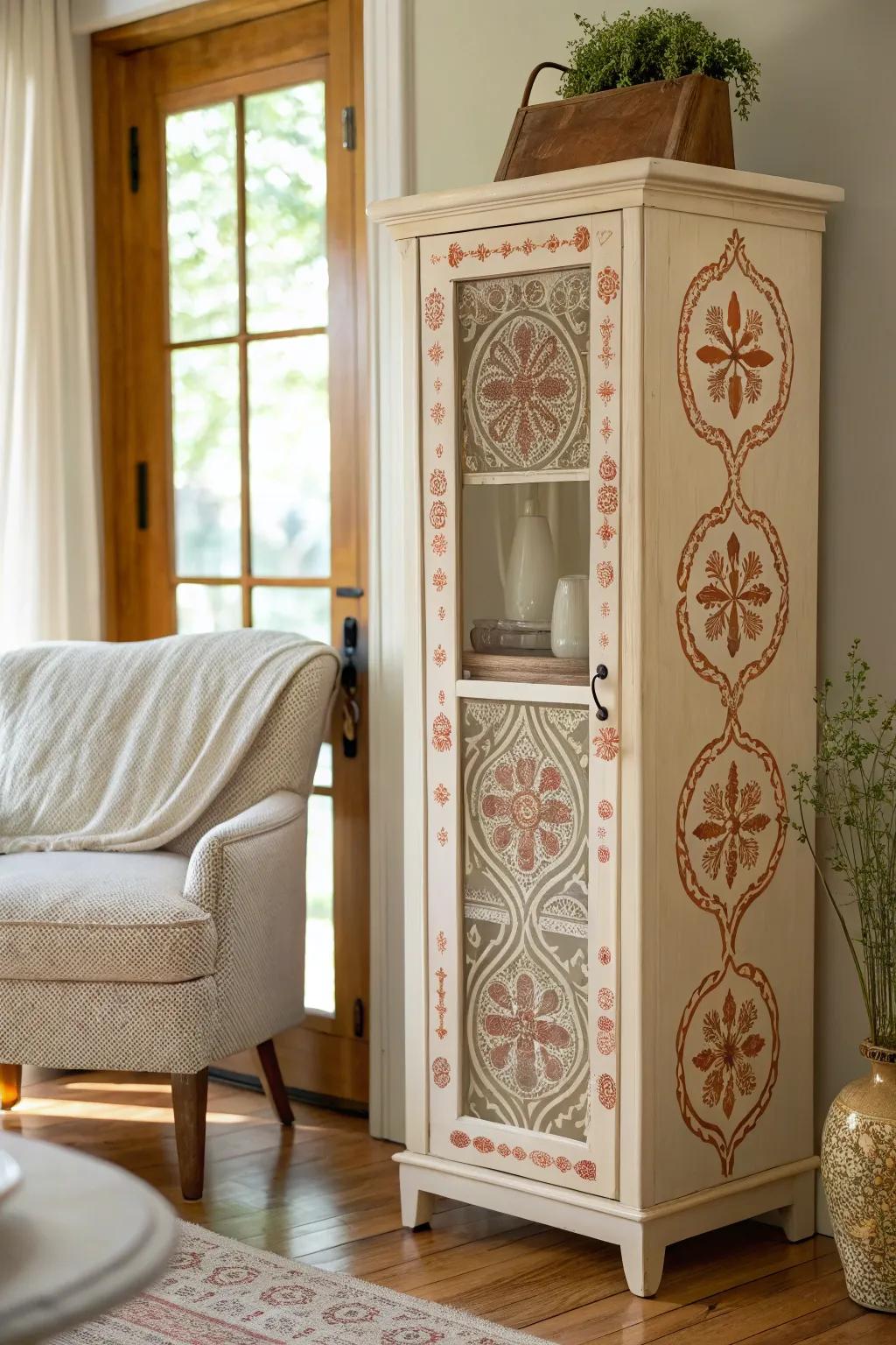 Stencils add intricate details and vintage charm to any curio cabinet.