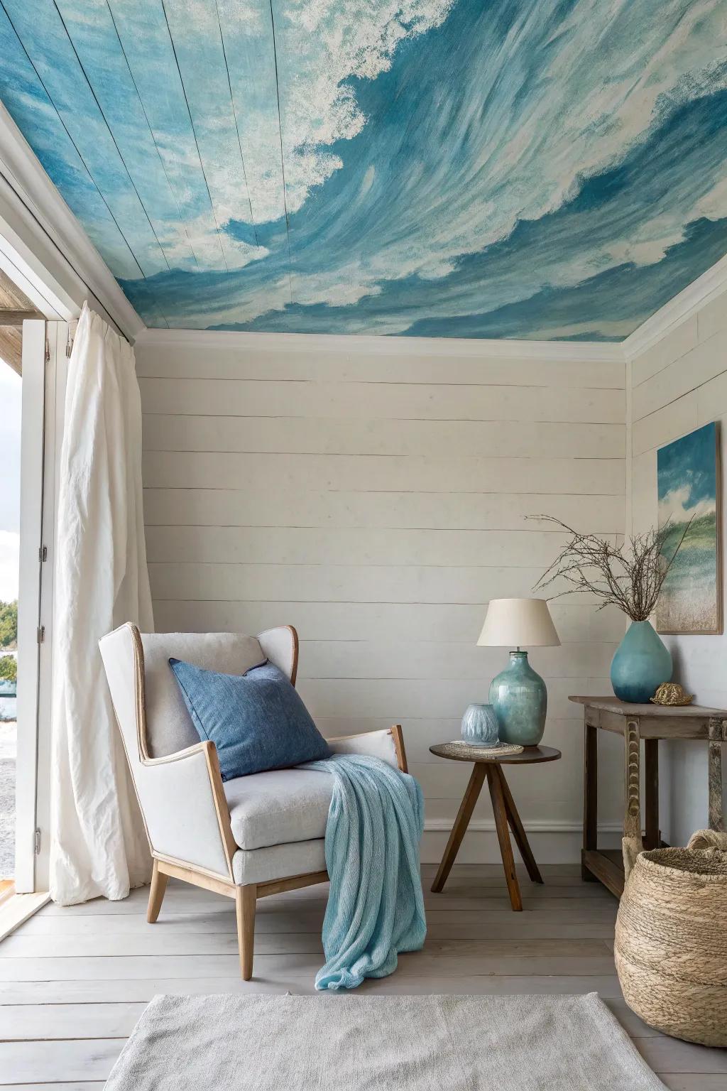 Dive into tranquility with ocean blues on your ceiling, creating a serene and calming space. 🌊 #OceanVibes #RelaxingInteriors