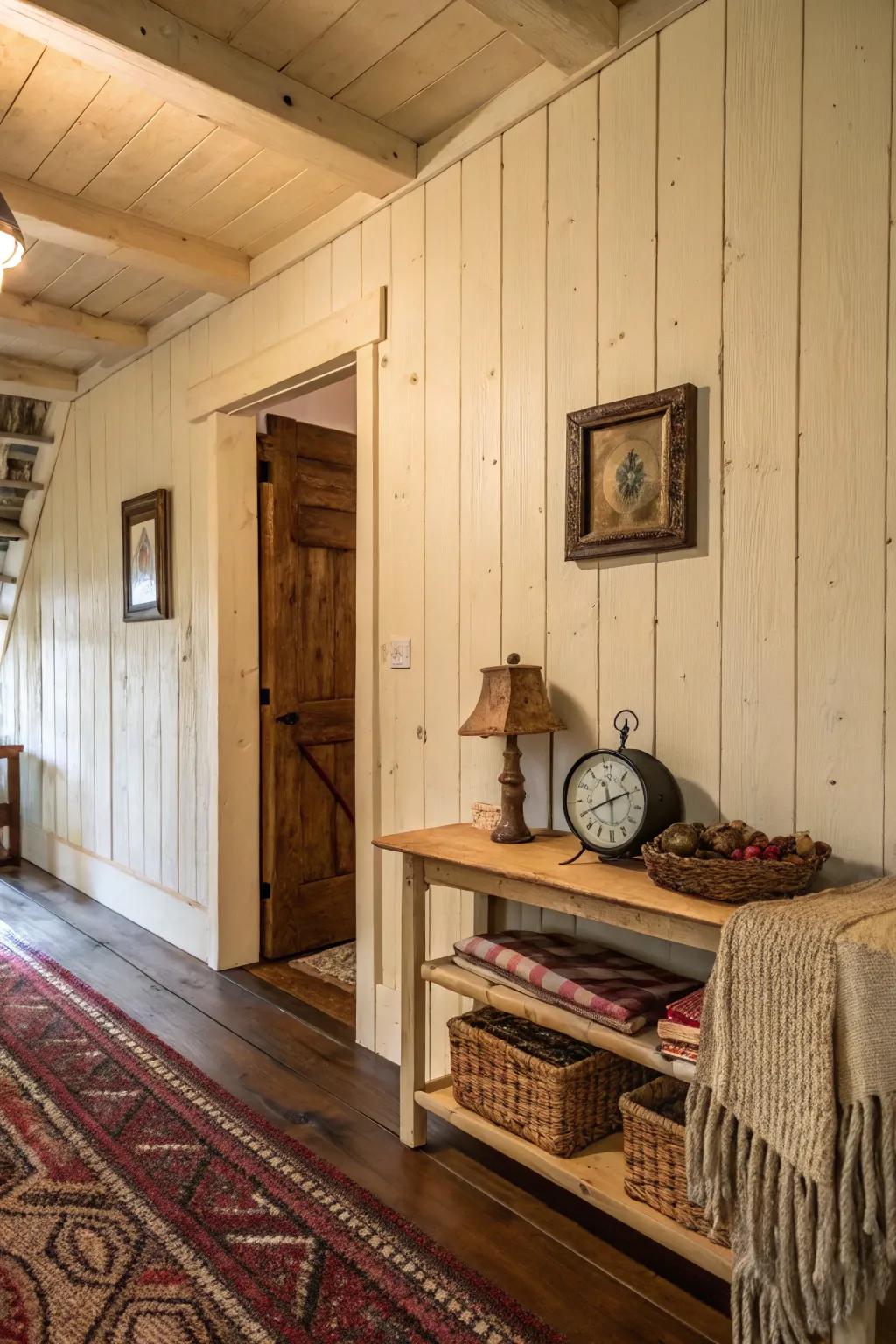 Cream-painted walls and rustic decor bring farmhouse charm to life.