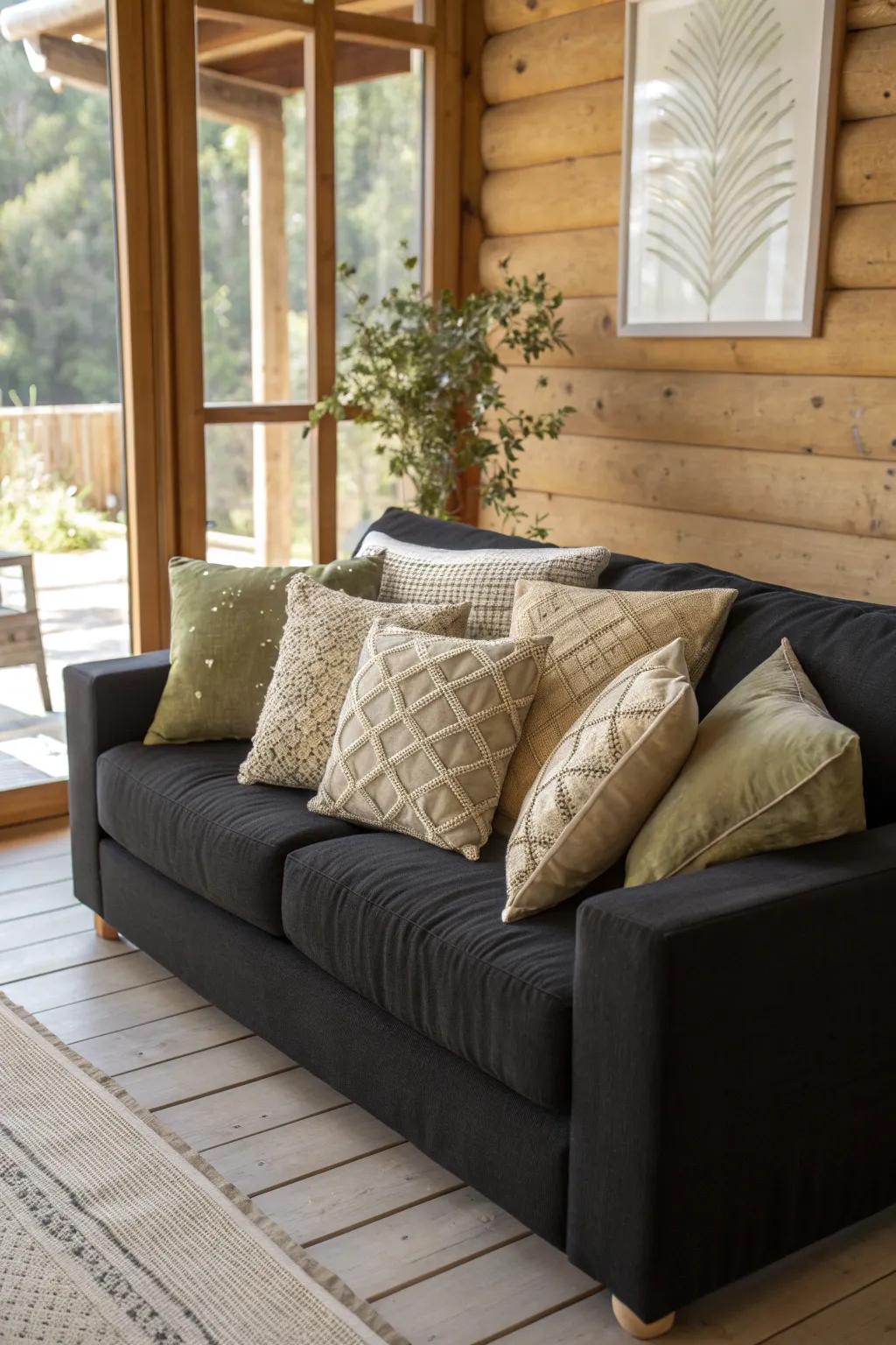 Create an inviting haven with layered pillows that exude comfort and style.