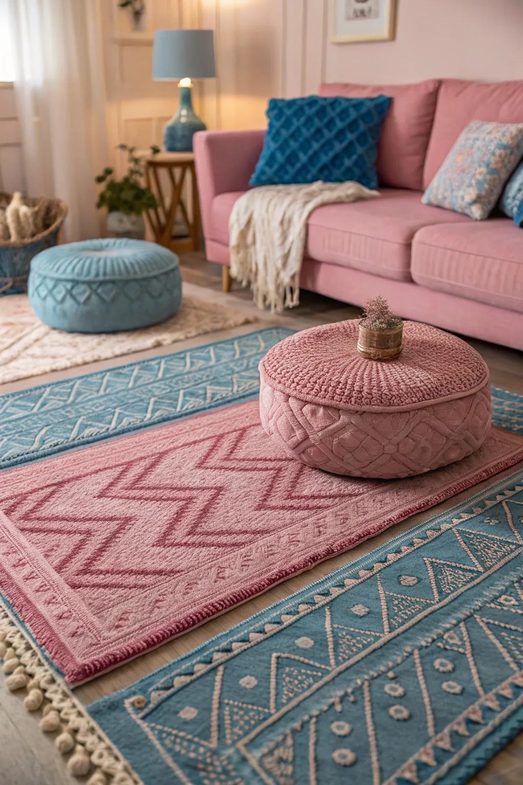 Layered rugs create a cozy and visually appealing foundation for any room. #LayeredRugs #CozyVibes