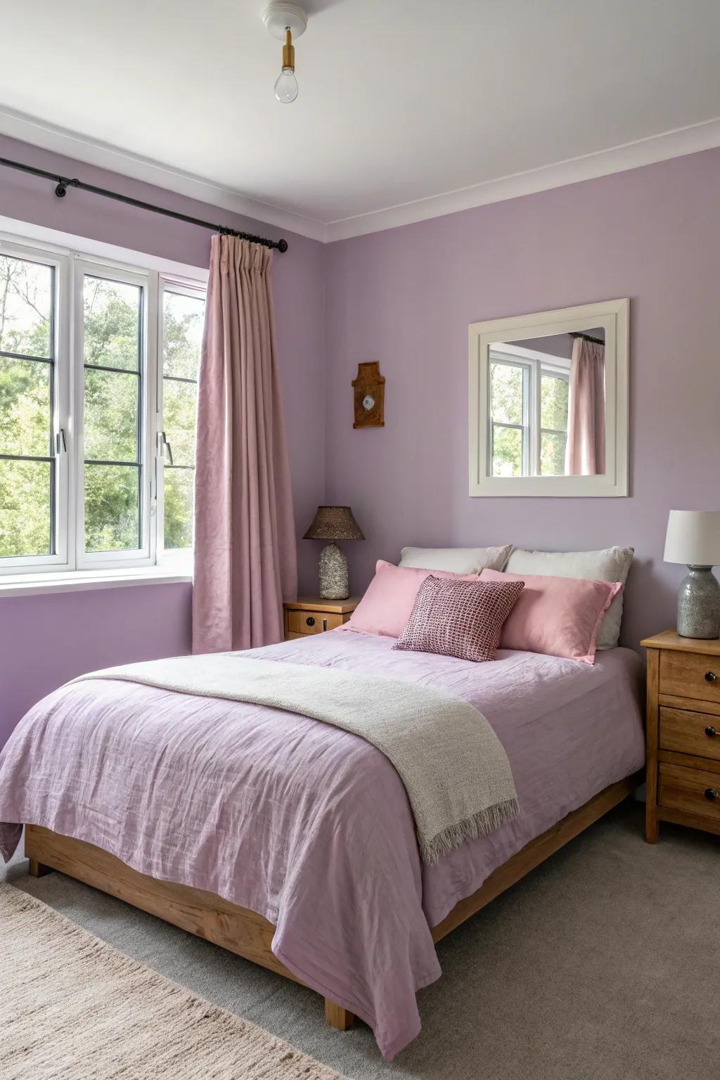 Lavender and ballet pink blend harmoniously for a serene, sophisticated space.