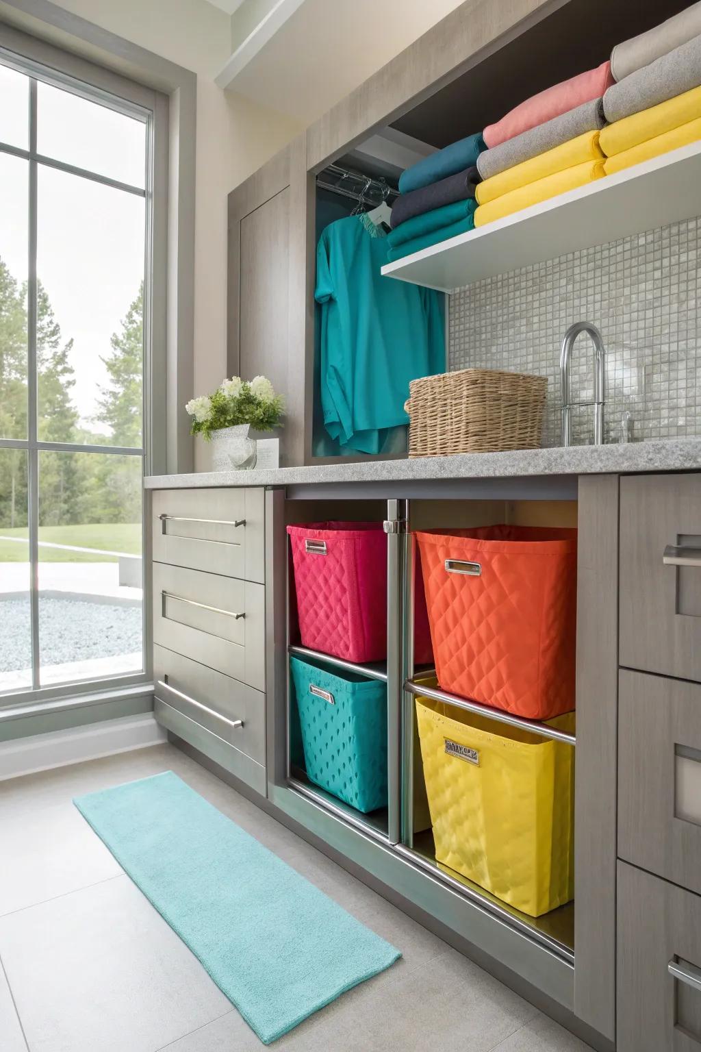 Maintain a clean and organized bathroom with hidden laundry baskets that do the heavy lifting.
