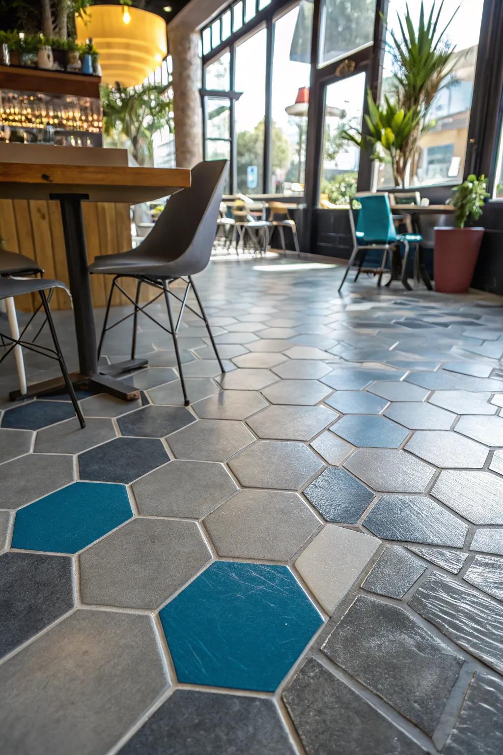 Play with shapes using hexagon tiles for a modern floor design.