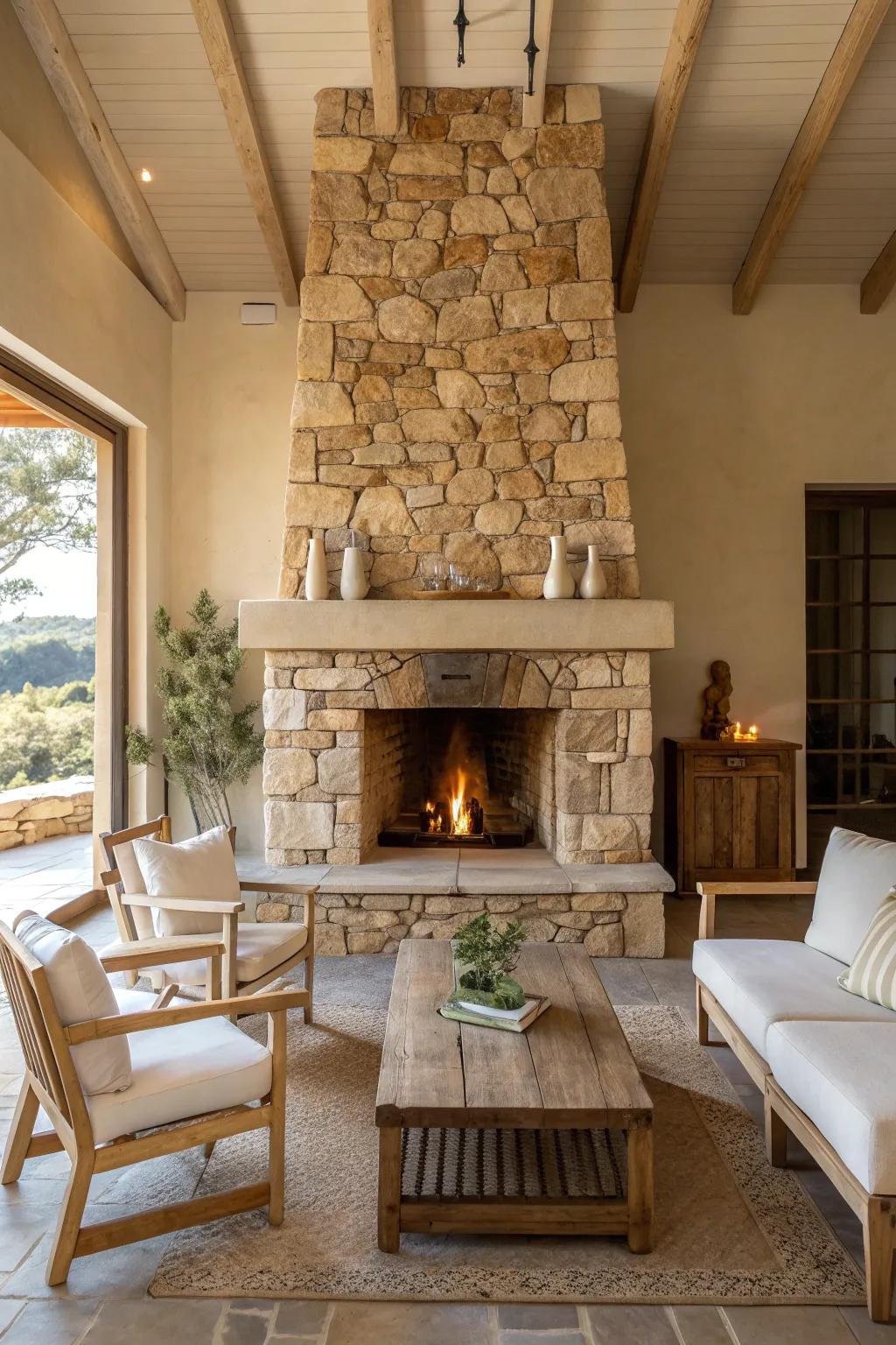 An all-stone fireplace creates a striking and cohesive focal point. #StoneFireplace #HomeDesign