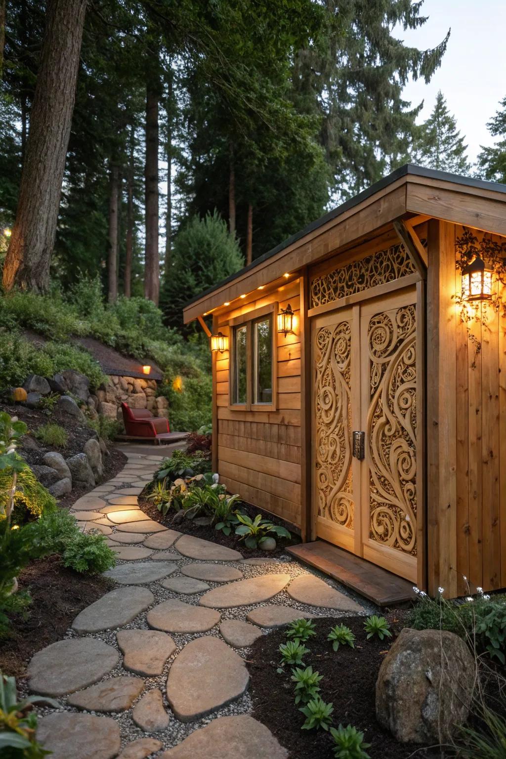 Custom carvings make your shed a unique masterpiece, showcasing personal artistry.