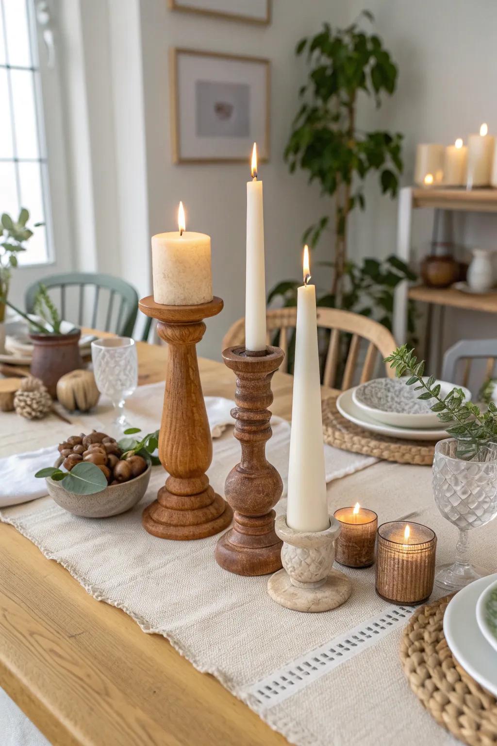 Eclectic candle holders bring charm and character to your table, perfect for a unique and inviting atmosphere.