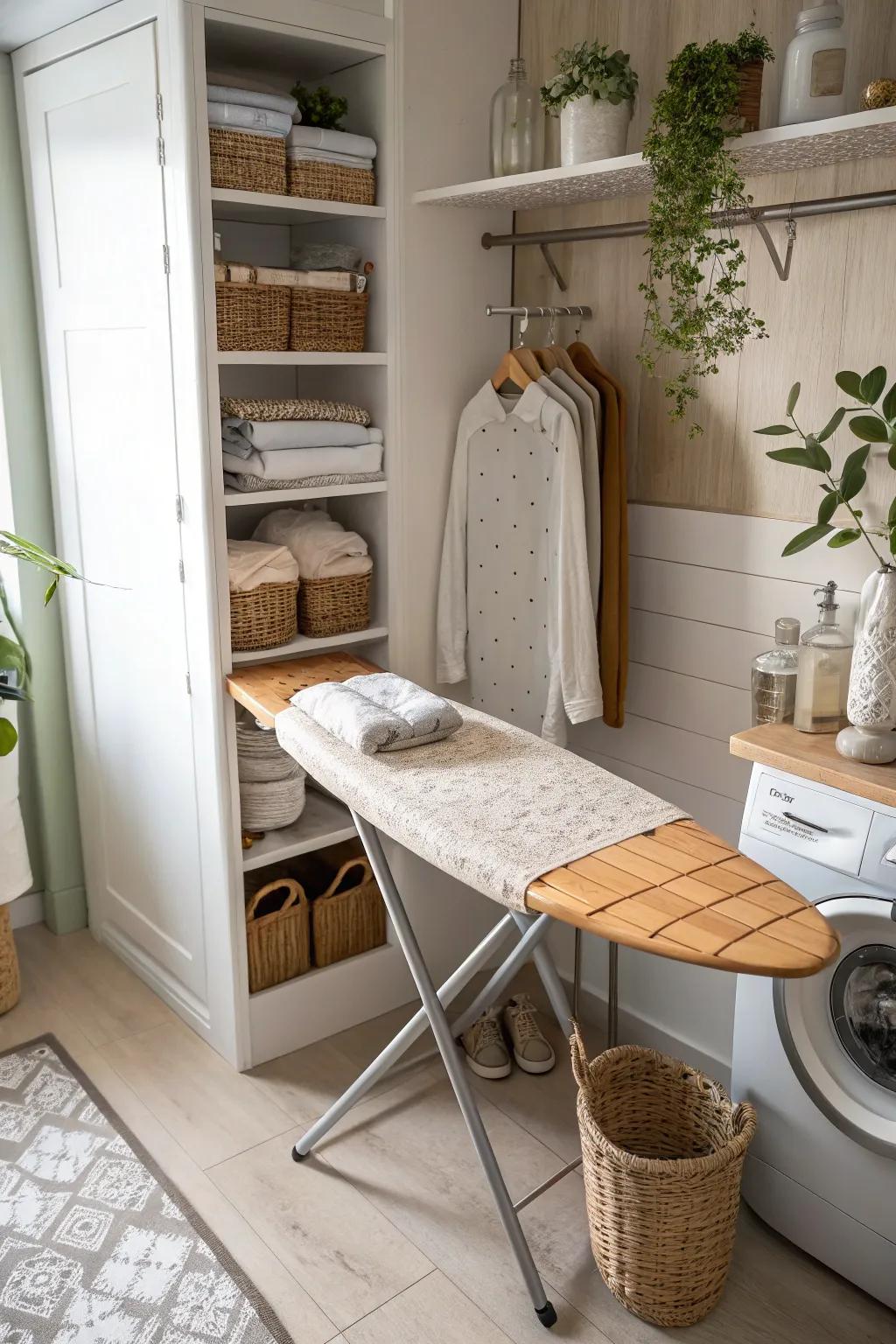 Optimize your laundry routine with a fold-down ironing board that saves space and time. #SpaceSaving #InnovativeDesign 🧺