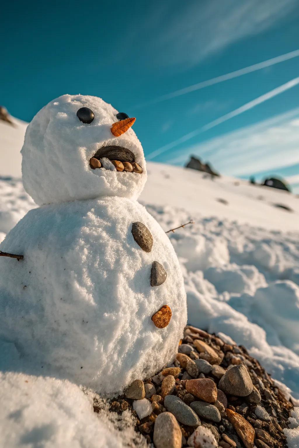Small rocks create a rugged, grounded expression for your snowman.
