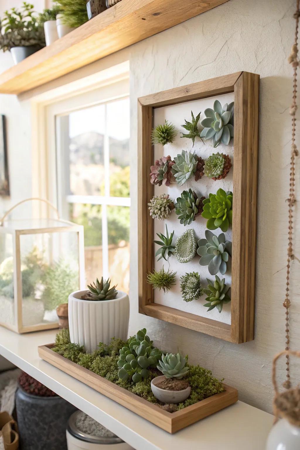 Create living art with framed succulents that brings a fresh and vibrant dynamic to your walls.