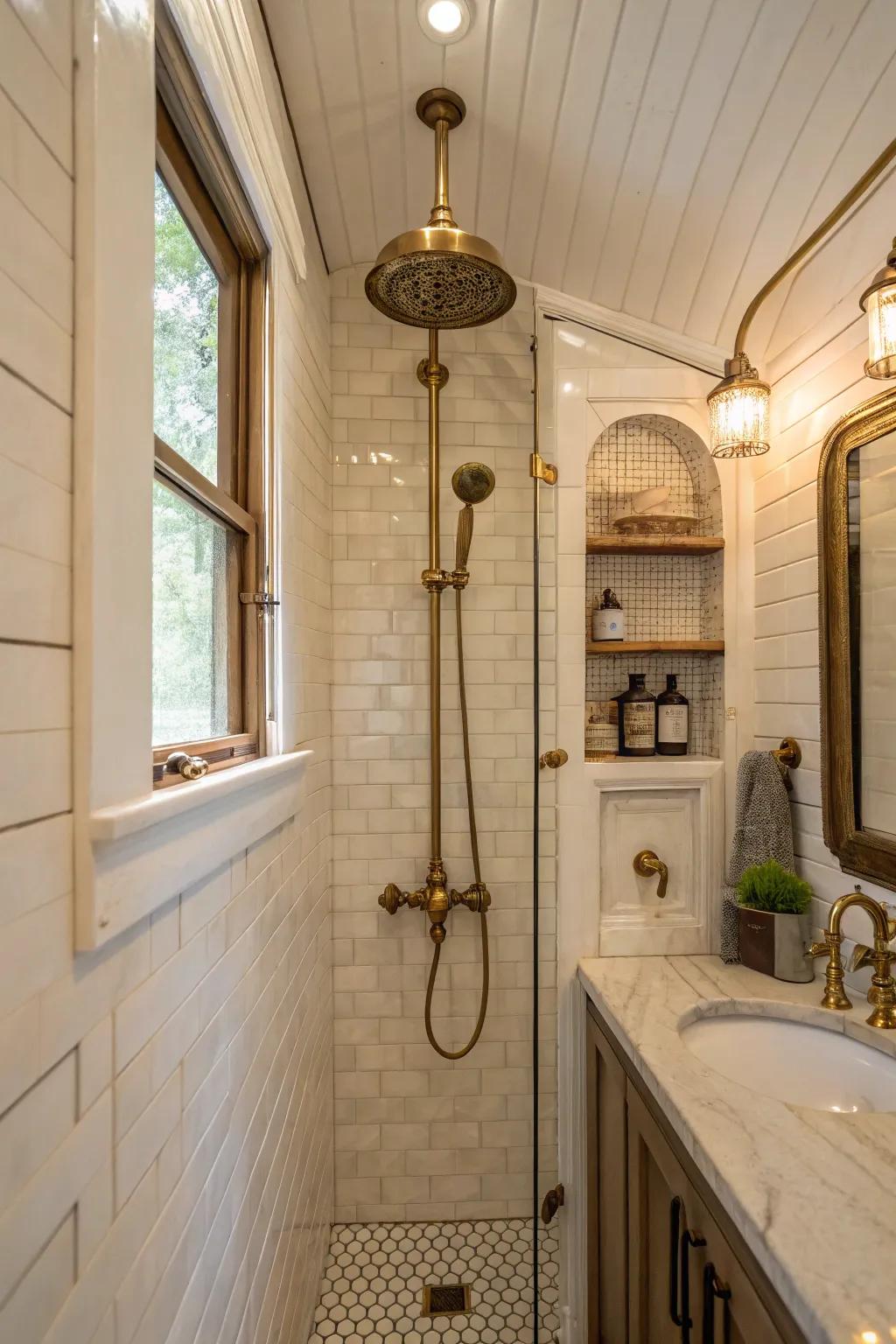 Infuse your tiny shower with timeless elegance using vintage-inspired fixtures.