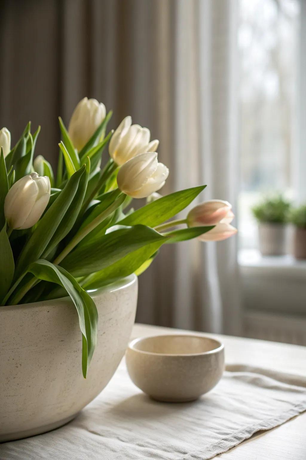 Embrace minimalist beauty with tulips in a simple bowl, perfect for understated elegance.