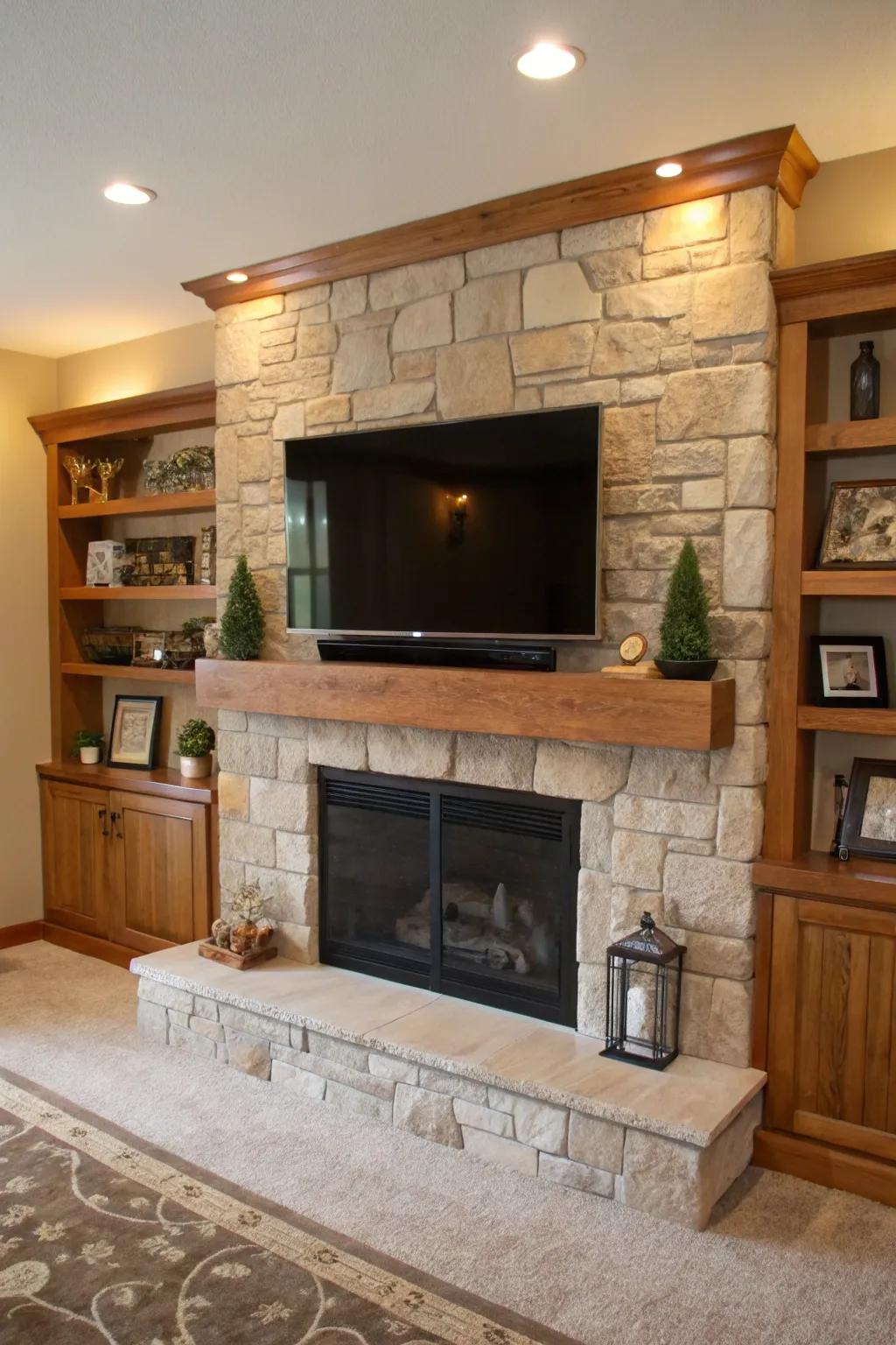 Keep it minimal with floating shelves that complement your TV and fireplace setup. #MinimalistLiving #HomeStyling