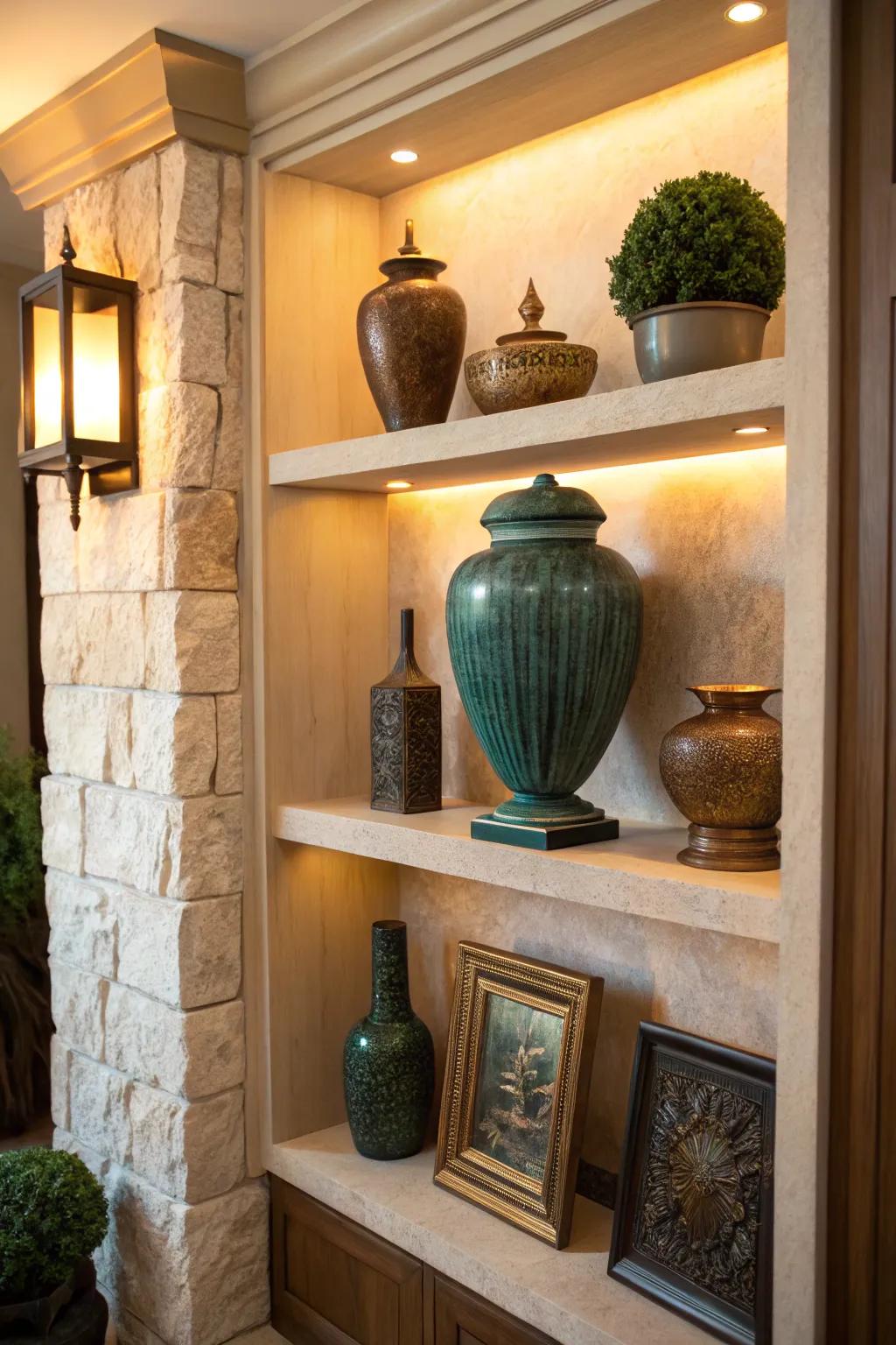 Elevate your urn display with sculptural elements that add a dynamic touch.