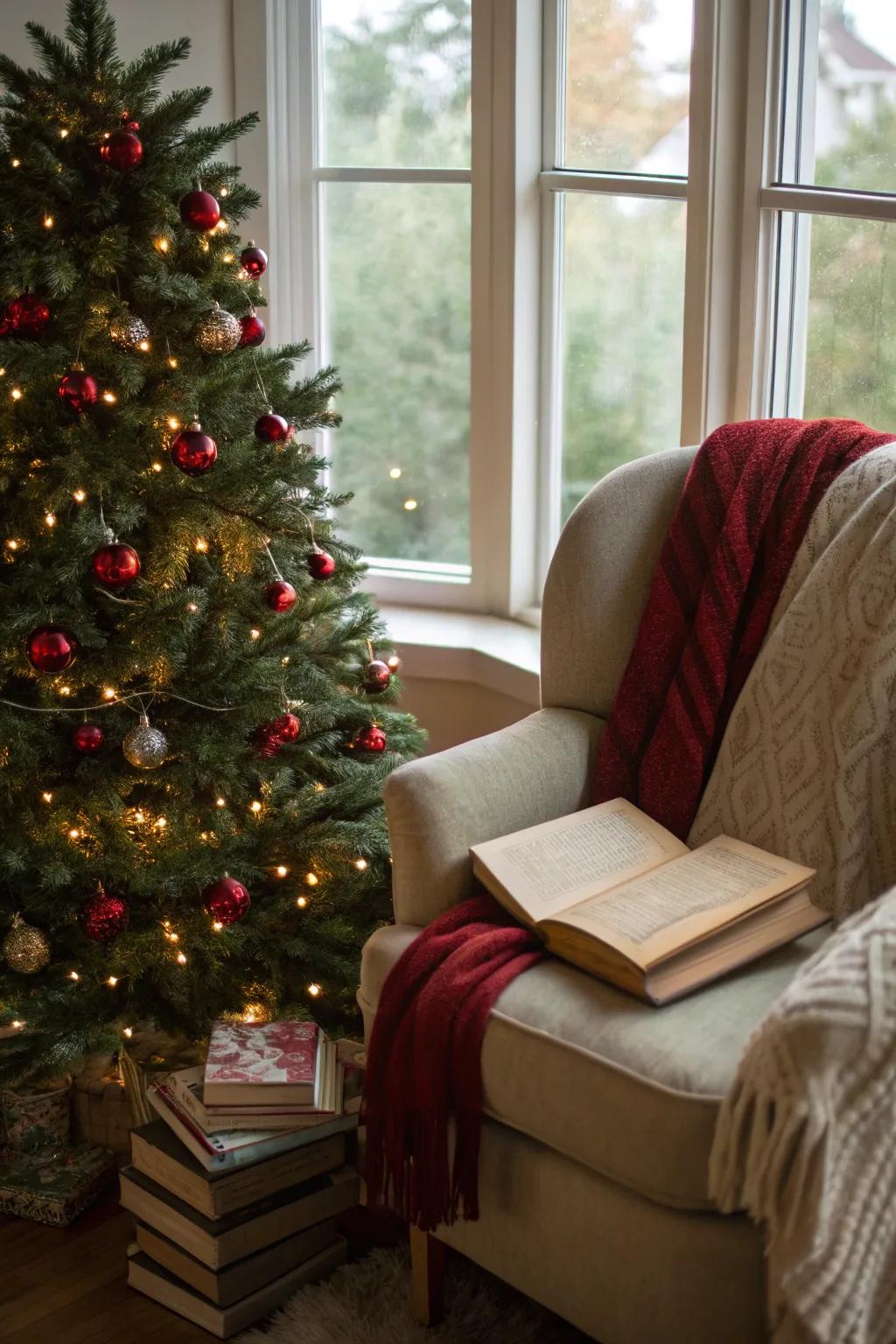 Enhance your reading nook with a festive tree, perfect for curling up with a holiday book.