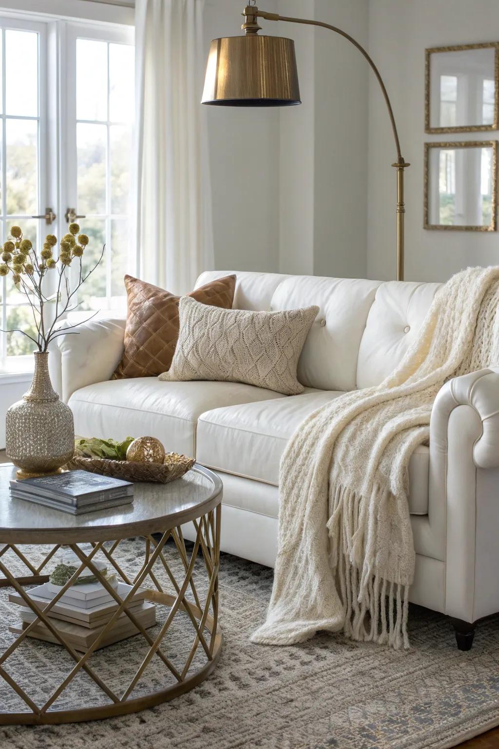 Shimmering metallic accents lend a touch of luxury to your white leather sofa.