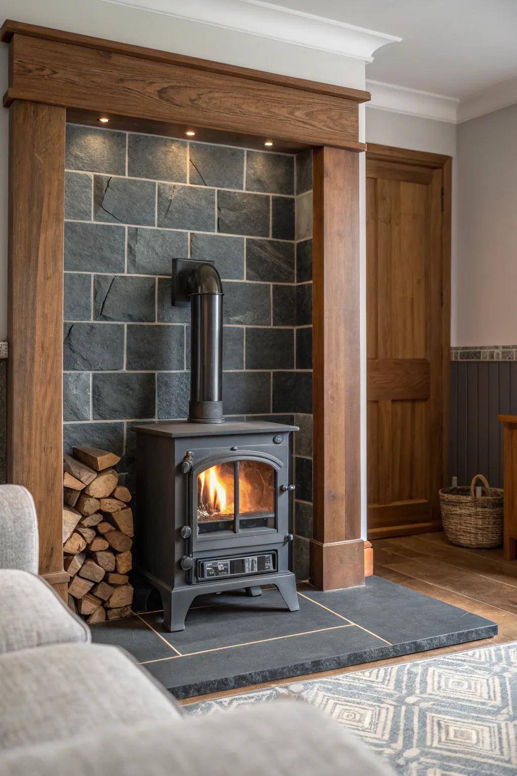 Make a bold statement with a full slate chimney breast, elevating your stove's presence.