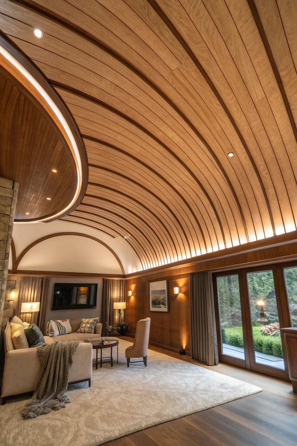 Add architectural interest with a curved wood slat ceiling that creates a stunning focal point.