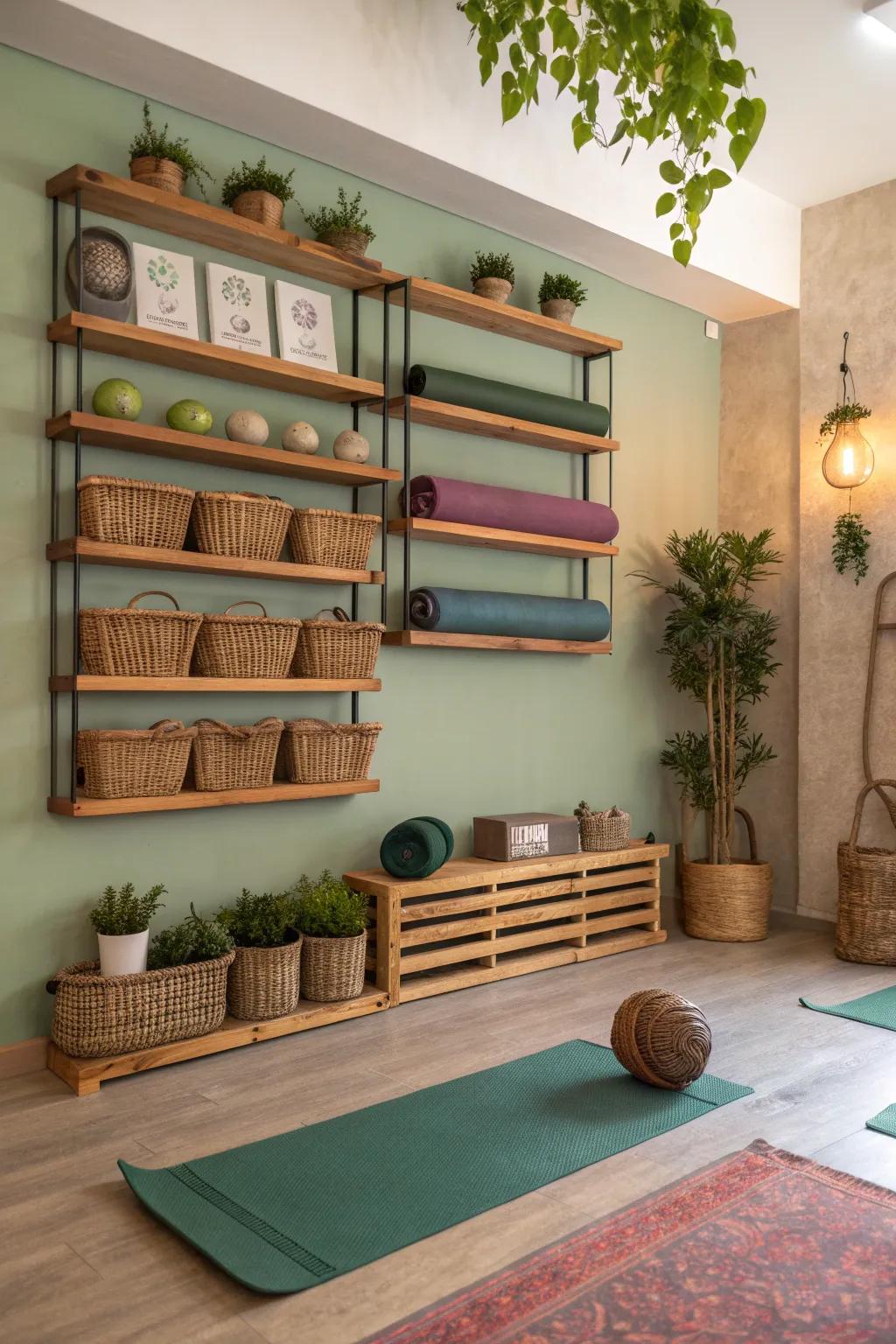 Keep things tidy and stylish by utilizing vertical space for your yoga essentials.