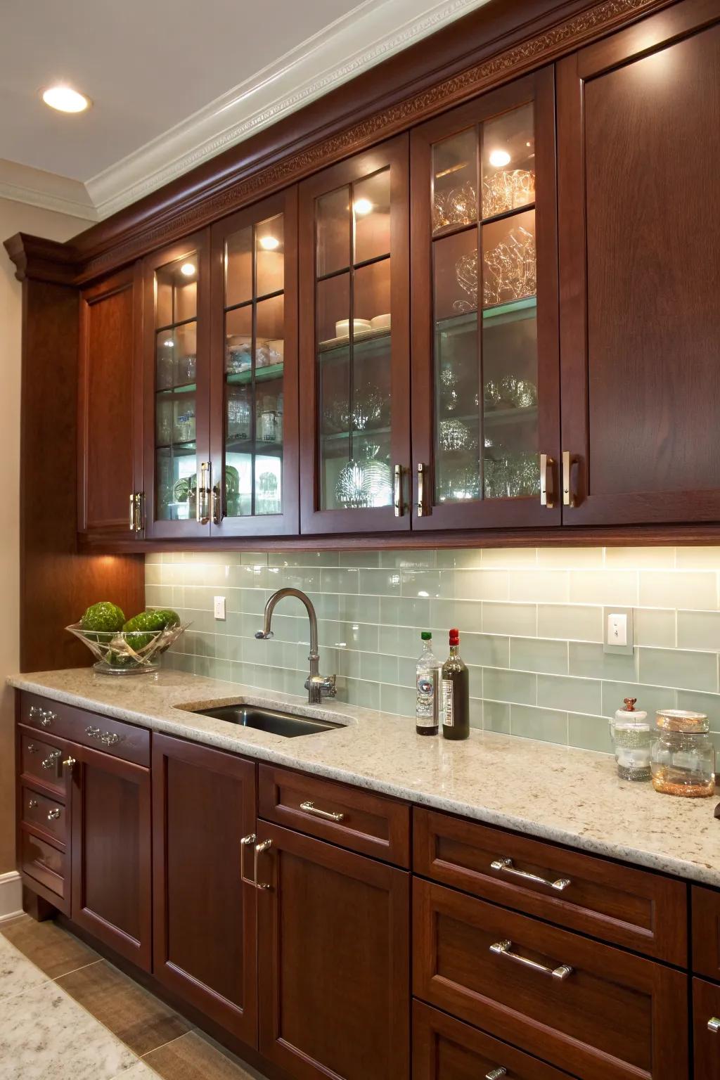 A glass backsplash adds modern sophistication, enhancing the sleek lines of cherry cabinets.
