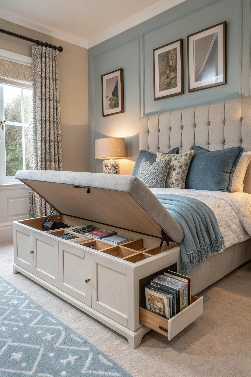 Keep your space organized with a storage bench that hides clutter in style.