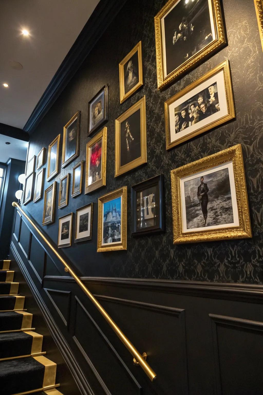 Showcase your memories with gold-framed photos that pop against a black wall. 📸 #PhotoGallery #PersonalTouch