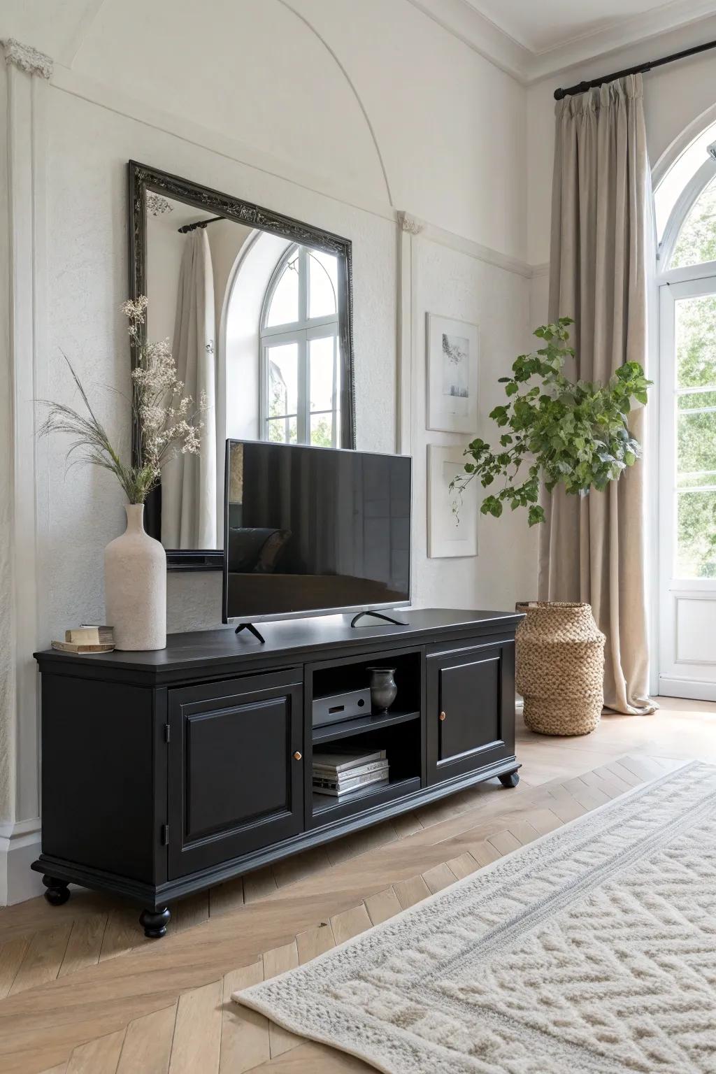 Create depth and space with a stylish mirror on your TV stand.