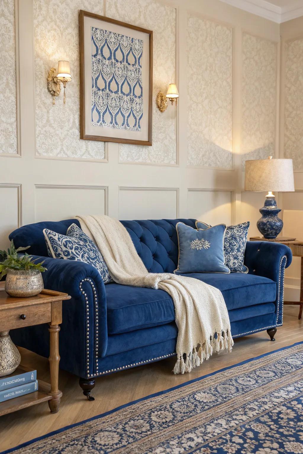 Cream walls with blue accents create a harmonious and inviting living space. 🌟 #WallDesign #ColorHarmony