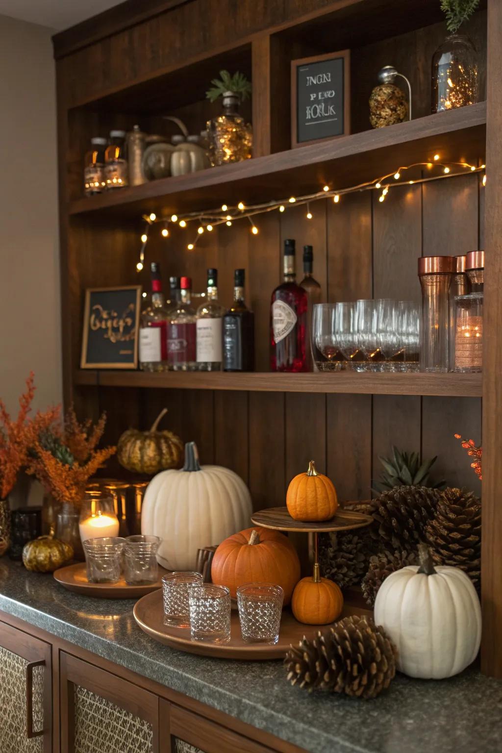 Keep your bookshelf bar fresh and inviting with seasonal decor that celebrates the time of year.