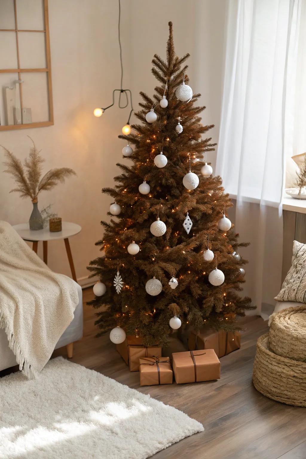 Brown and white decorations create a beautiful contrast, making this tree truly stand out.