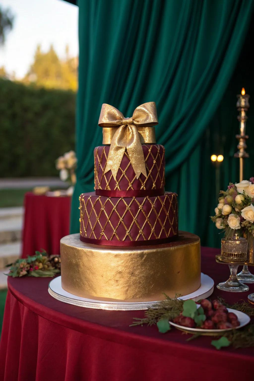 A gold bow against a burgundy backdrop adds a touch of elegance to any cake.