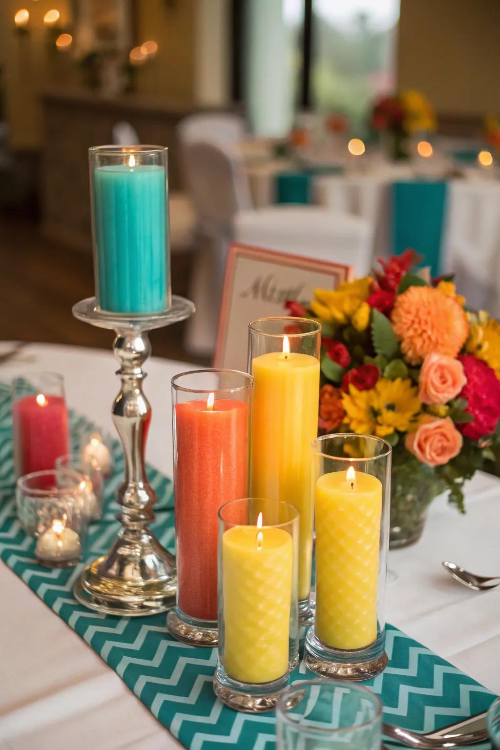 Bring a splash of color to your wedding with vibrant candle arrangements. 🌈🎨 #ColorfulWeddings