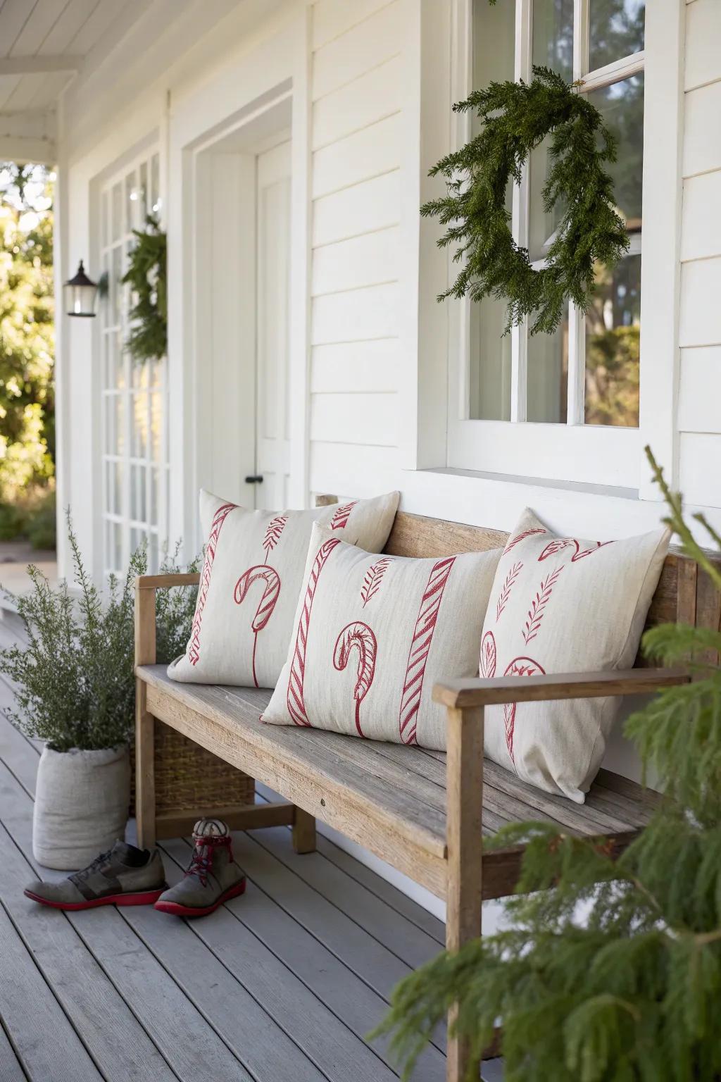 Brighten up your porch with candy cane pillows for a festive welcome. #PorchDecor #HolidayVibes ☀️