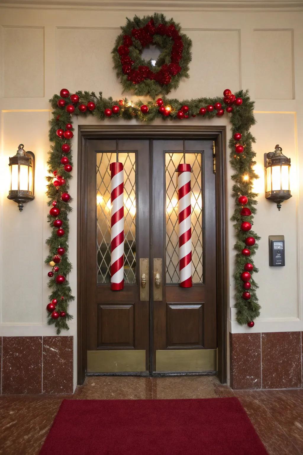 Light up your entry with candy cane sconce covers that add a whimsical touch.