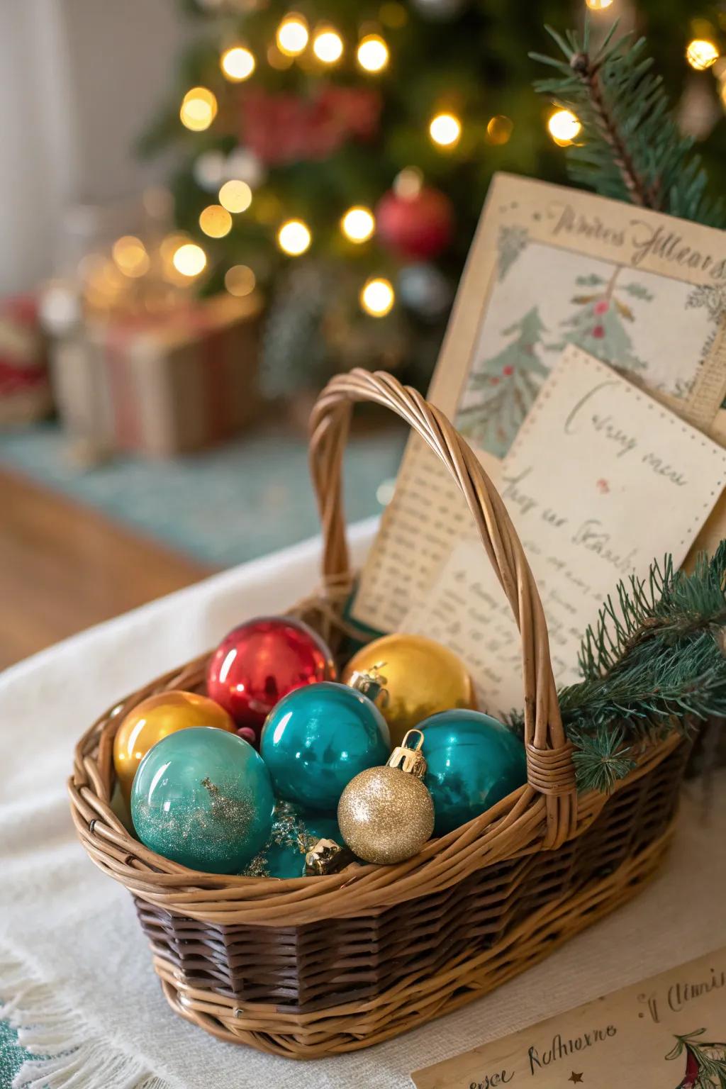 Relive cherished memories with a vintage Christmas memories basket, a timeless tribute to holiday nostalgia.