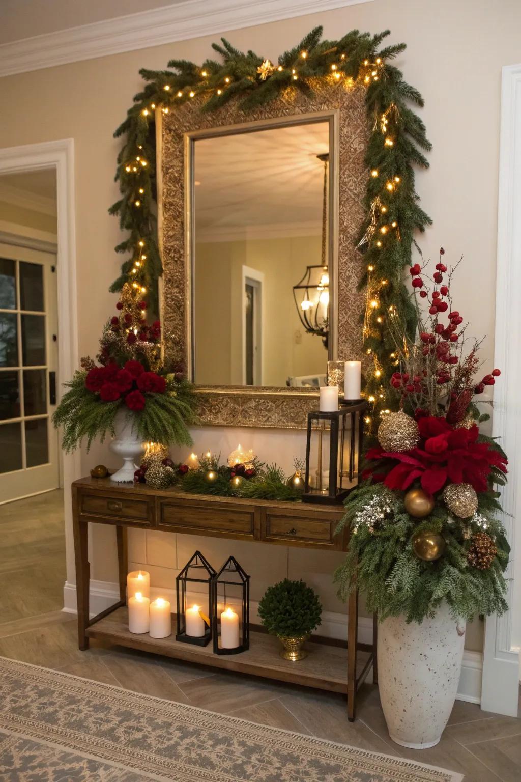 A decorative mirror enhances light and space, amplifying holiday brightness.