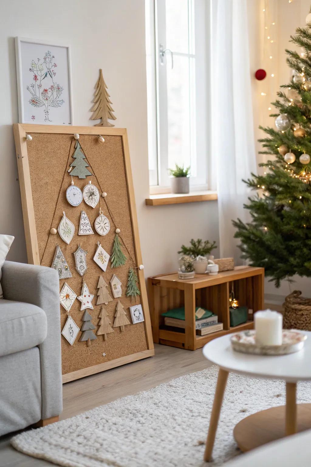Display your treasures on a customizable cork board Christmas tree.