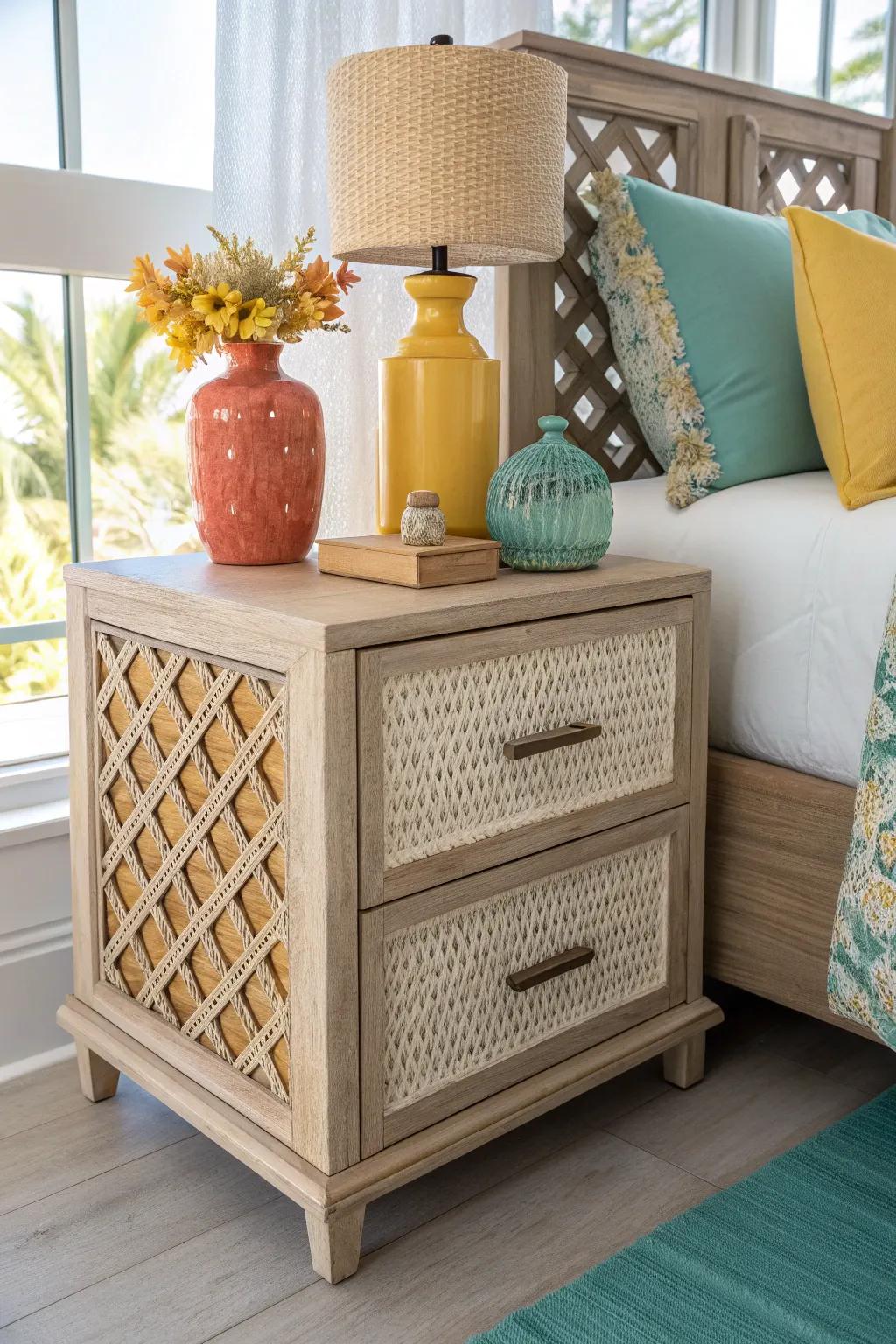 Bring elegance and lightness to your space with lattice accents on your nightstand.