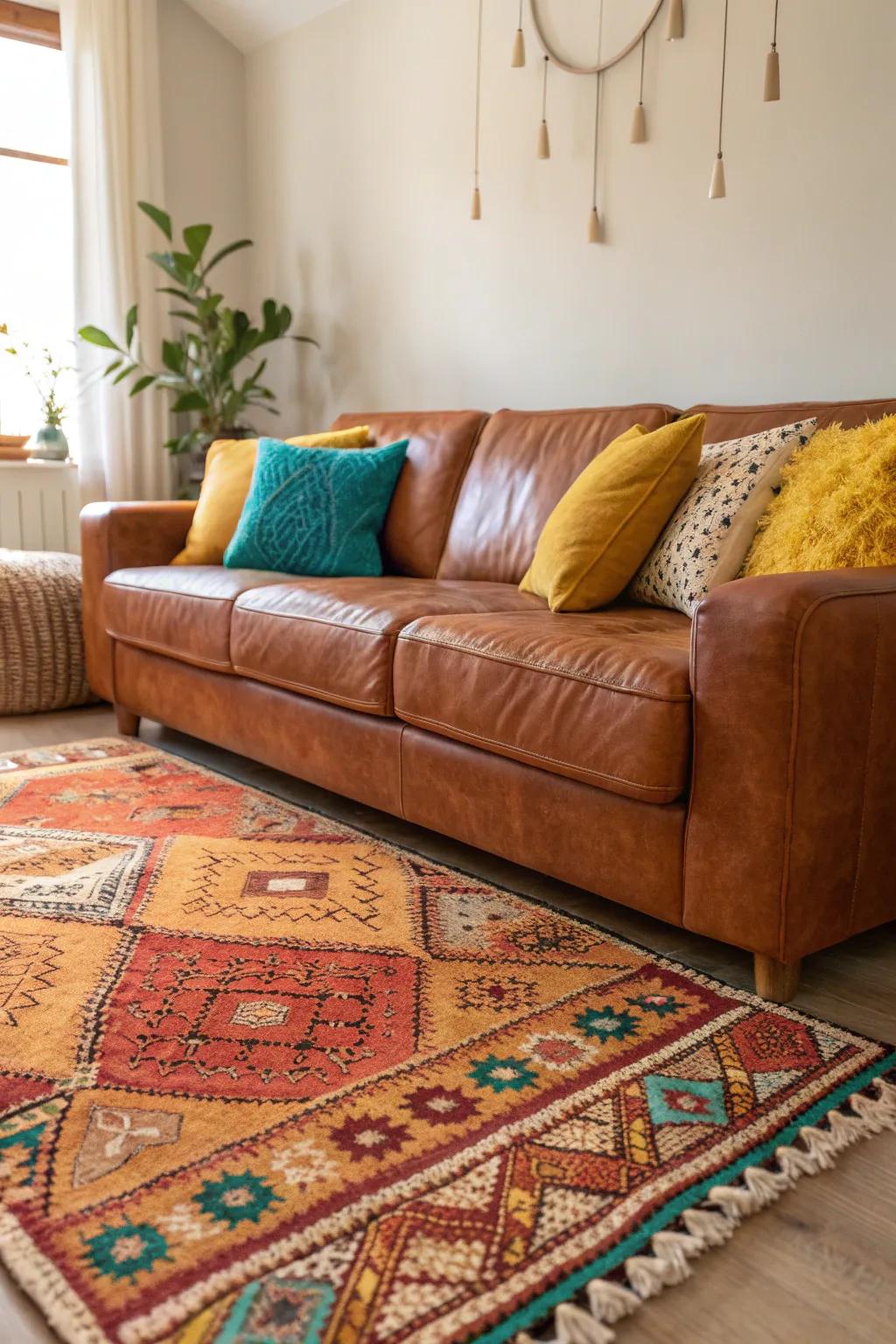 Elevate your space with layered rugs that add texture and warmth to your cognac couch area.