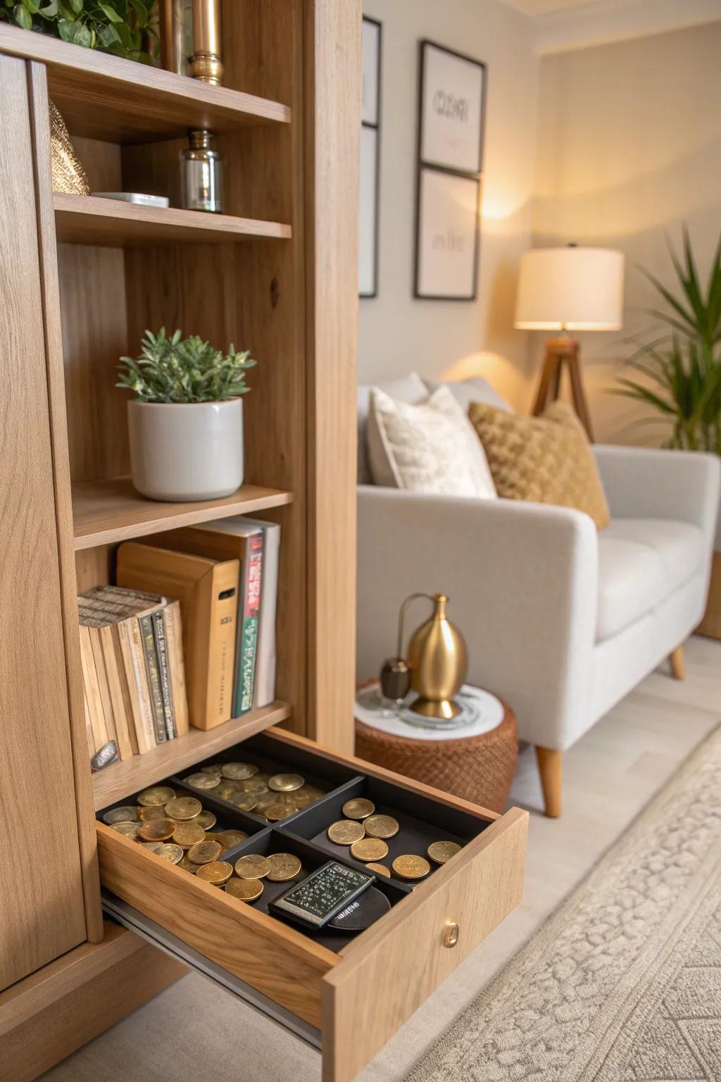 Discover the magic of hidden compartments that keep your coins safe and secret. 📚 #HomeOrganization #SmartDesign
