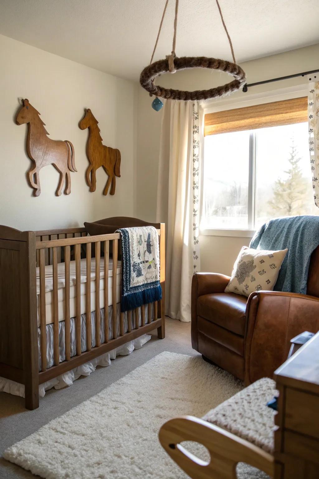A horse-themed mobile adds a charming touch to your cowboy nursery decor.