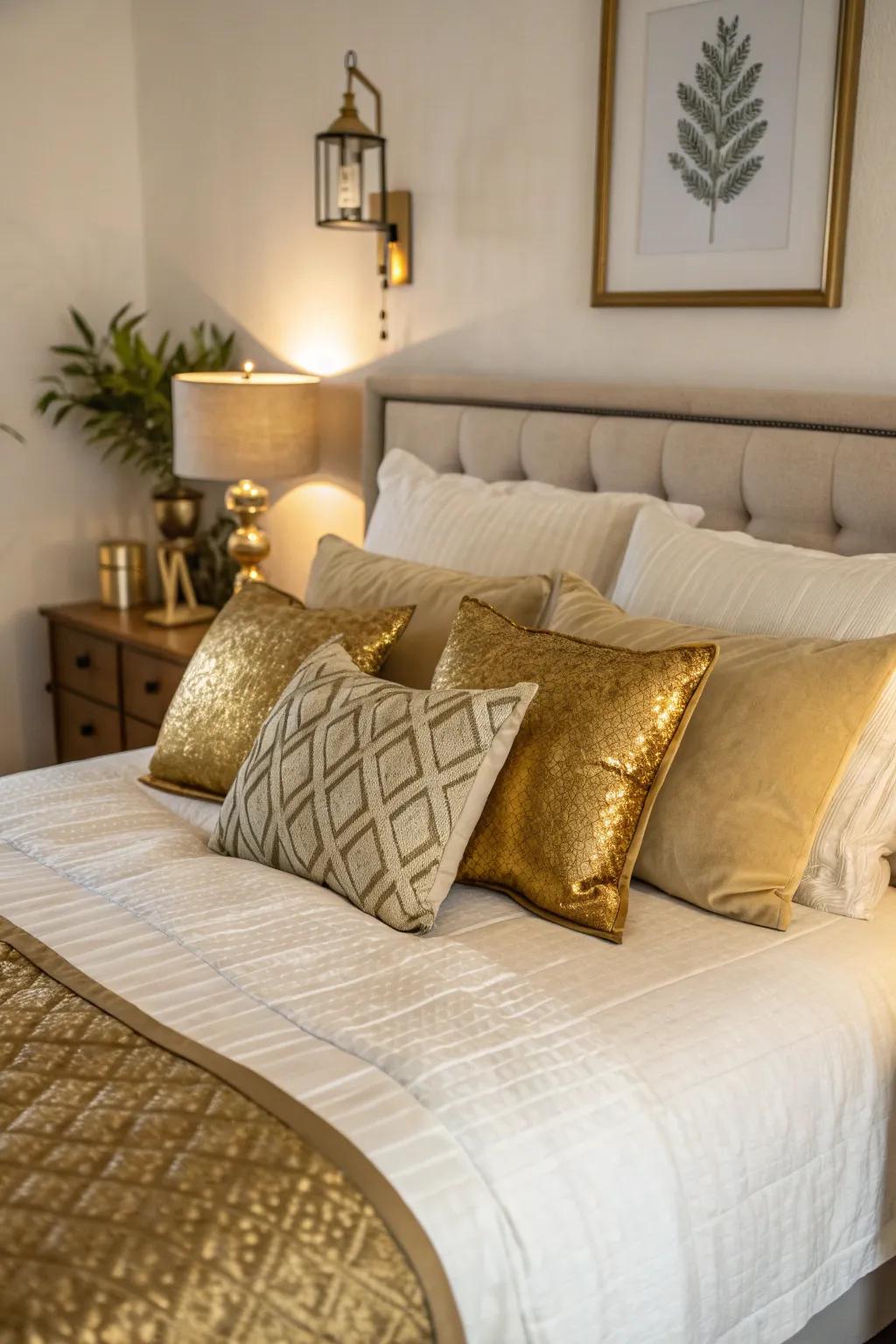 ✨ Add a touch of glam with metallic accents that shimmer against cream bedding. #MetallicTouch #GlamDecor