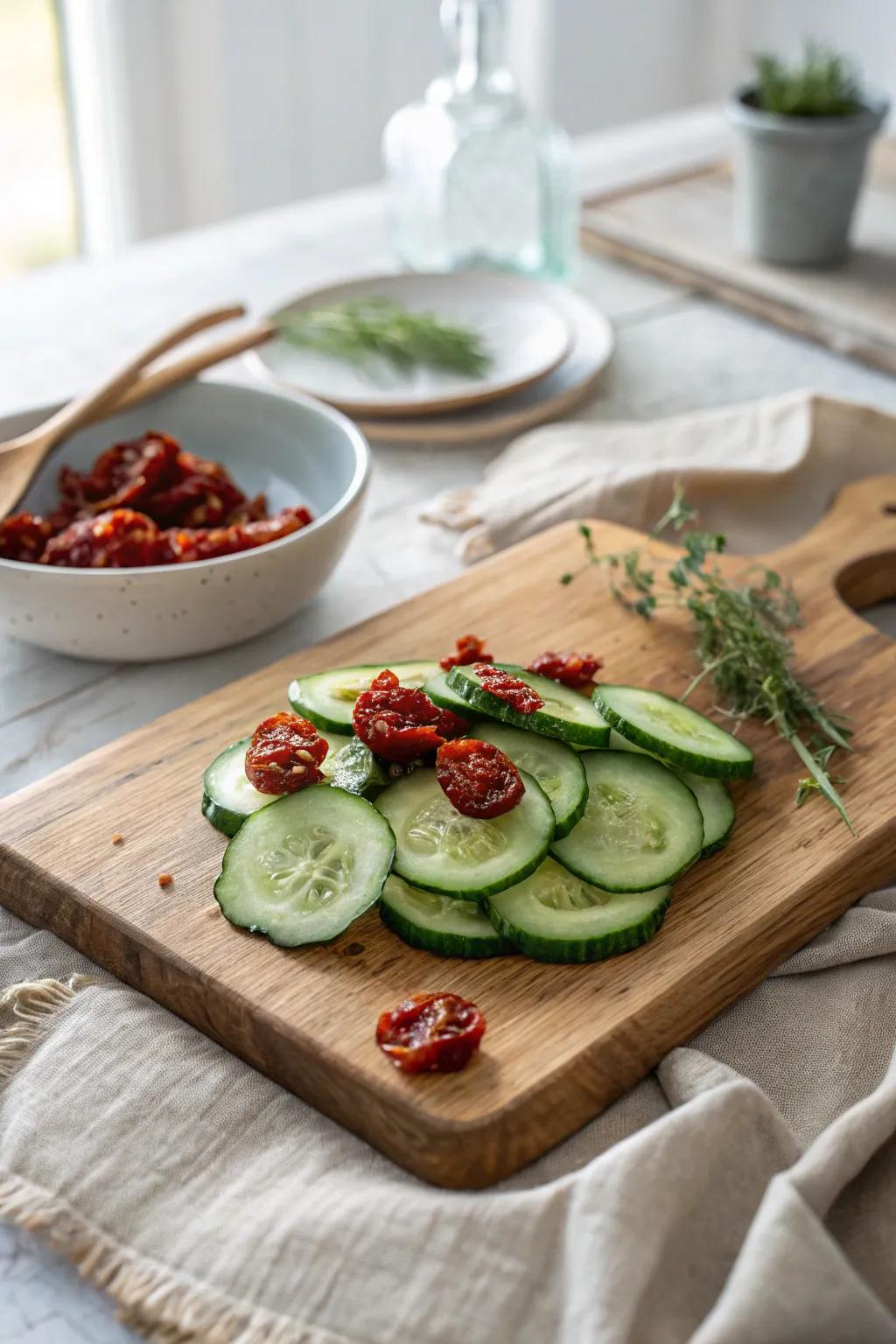 Delight in the sweet and savory blend of sun-dried tomatoes with cucumbers.