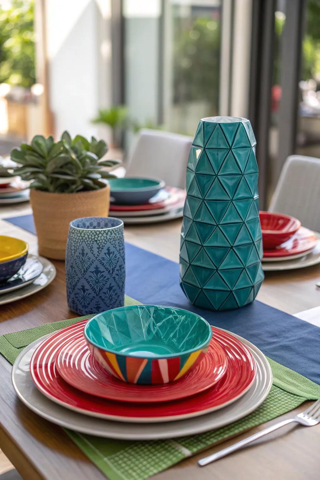 Infuse energy with bold color blocks for a dining table that's full of life. #VibrantColors #EnergeticDining #ColorfulHome