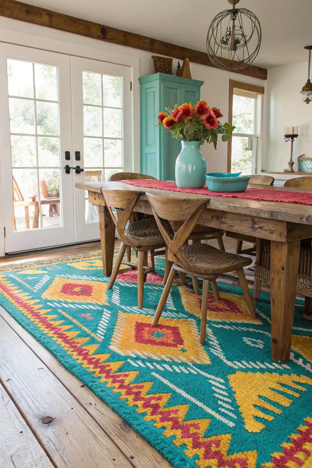 Wool rugs add coziness and warmth, perfect for inviting farmhouse dining spaces.